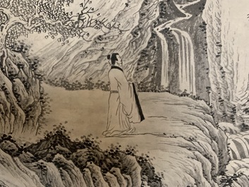 Wu Hufan (Chine, 1894-1968): Paysage montagnard avec personnage, encre sur papier, mont&eacute; en rouleau