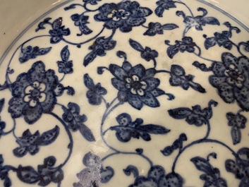 A Chinese blue and white flower scroll basin, Qianlong