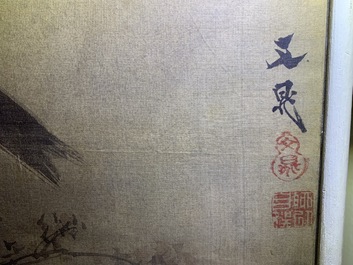 Tani Buncho (Japon, 1763-1841): Oiseaux sur une branche fleurie, encre et couleurs sur soie, encadr&eacute;