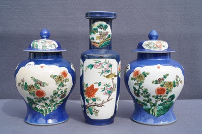 Three Chinese famille verte on powder blue-ground vases, 19th C.