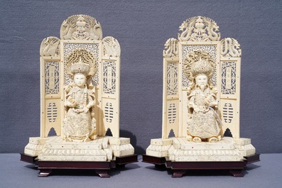 A pair of large Chinese inlaid ivory groups of the imperial couple, ca. 1900