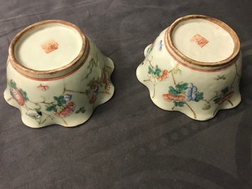 Zes Chinese celadon kommen en een paar kommen op schotels voor de Peranakan of Straits markt, 19e eeuw