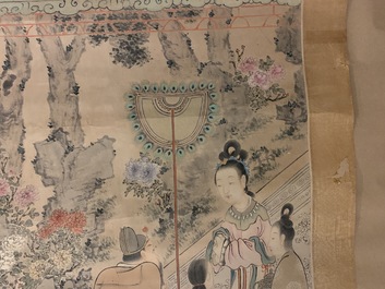 Gu Jianlong (Chine, 1606-1687): Figures dans un jardin, encre et couleurs sur papier, mont&eacute;