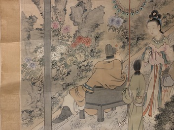 Gu Jianlong (Chine, 1606-1687): Figures dans un jardin, encre et couleurs sur papier, mont&eacute;