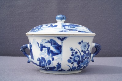 A Chinese blue and white two-handled porringer and cover, Kangxi