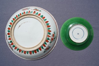 A Chinese famille verte dish and a monochrome green plate, Kangxi