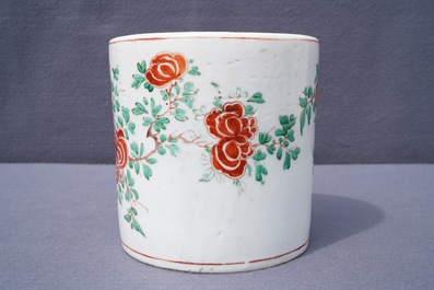 A large Chinese wucai 'birds and peonies' brush pot, Transitional period