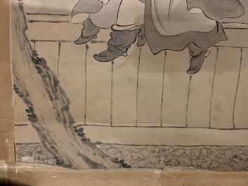 Gu Jianlong (China, 1606-1687): Figuren in een tuin, inkt en kleur op papier, gemonteerd op drager