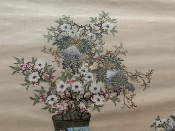Three Chinese silk paintings: &lsquo;Antiquities with flowers&rsquo;, 19th C.