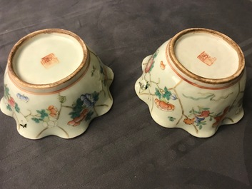 Six bols en porcelaine de Chine c&eacute;ladon et une paire de bols sur supports pour le march&eacute; Peranakan ou Straits, 19&egrave;me