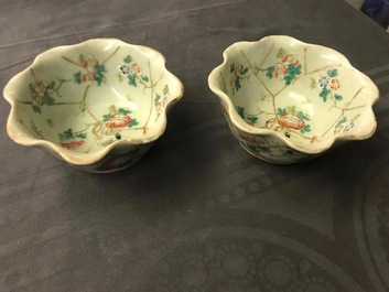 Zes Chinese celadon kommen en een paar kommen op schotels voor de Peranakan of Straits markt, 19e eeuw