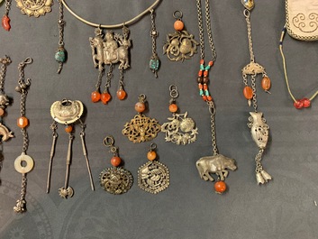A varied collection of Chinese jade and agate-embellished silver, 19/20th C.