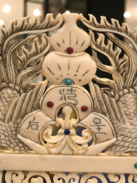 A pair of large Chinese inlaid ivory groups of the imperial couple, ca. 1900