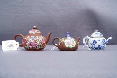 Three miniature Chinese Yixing and blue and white teapots, Kangxi and later