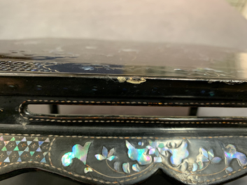 A pair of Chinese mother-of-pearl and lacquer stands and two scholar rocks, 19/20th C.