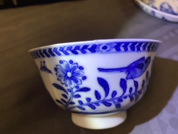 Six Chinese blue and white 'mother and child' cups and five saucers, Kangxi