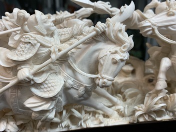 Een Chinees ivoren snijstuk met strijders te paard, 2e kwart 20e eeuw