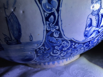 A fine and large Dutch Delft blue and white 'maritime subject' bowl depicting Atlas, 18th C.