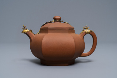 A Chinese gilt-mounted Yixing stoneware teapot and cover, Kangxi