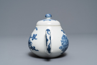 A Chinese blue and white teapot and cover with antiquities, Jiajing mark, Kangxi