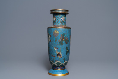 A Chinese cloisonn&eacute; rouleau vase and four jardini&egrave;res, 19/20th C.