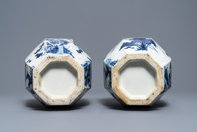 A pair of Chinese blue and white octagonal 'Three friends of winter' vases, 19th C.