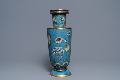 A Chinese cloisonn&eacute; rouleau vase and four jardini&egrave;res, 19/20th C.