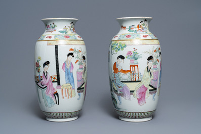 A pair of fine Chinese famille rose 'ladies' vases, Qianlong mark, 19/20th C.