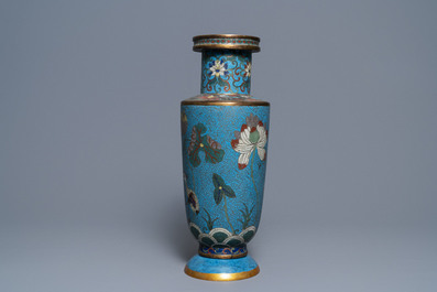 A Chinese cloisonn&eacute; rouleau vase and four jardini&egrave;res, 19/20th C.