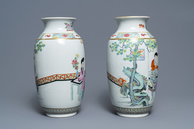 A pair of fine Chinese famille rose 'ladies' vases, Qianlong mark, 19/20th C.