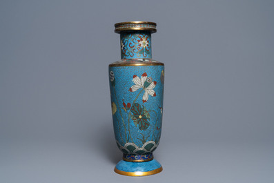 A Chinese cloisonn&eacute; rouleau vase and four jardini&egrave;res, 19/20th C.