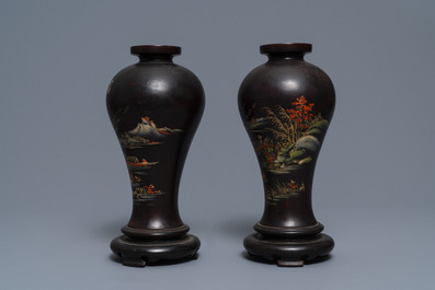 A pair of Chinese lacquerware vases with landscape design, Fujian, Republic, 20th C.