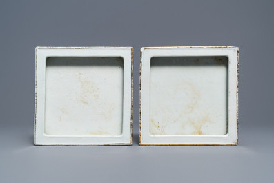 A pair of square Chinese qianjiang cai jardini&egrave;res on stands, 19/20th C.