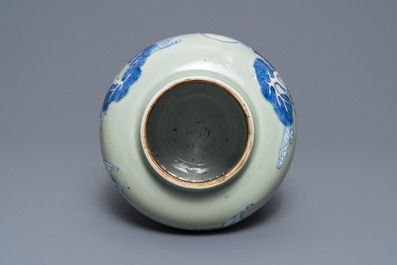 A Chinese underglaze red, blue and white celadon-ground vase, Kangxi