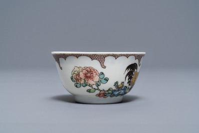 A fine Chinese famille rose 'rooster' eggshell cup and saucer, Yongzheng