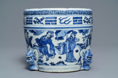 A large Chinese blue and white '8 immortals' censer, Wanli