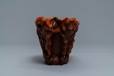 A Chinese carved rhinoceros horn 'libation cup', Ming/Qing