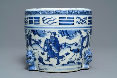 A large Chinese blue and white '8 immortals' censer, Wanli