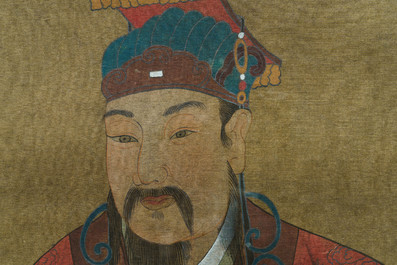 Ecole chinoise, encre et couleurs sur soie, Qing: Trois portraits d'empereurs historiques