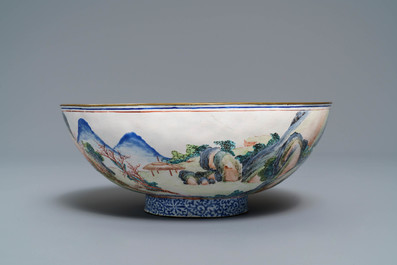 A fine Chinese Canton enamel landscape bowl, Yongzheng