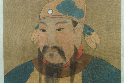 Chinese school, ink and colour on silk, Qing: Three portraits of historical emperors