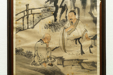 Chinese school, signed Su Liupeng (1791-1862), ink and colour on paper: 'Two scholars near a rock'