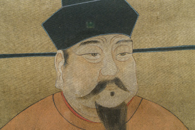 Chinese school, ink and colour on silk, Qing: Three portraits of historical emperors