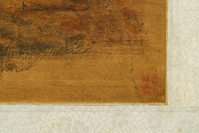 Chinese school, signed Wang Song, after Zhao Danian, ink and colour on silk, Qing: 'An early morning in spring'