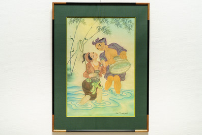 Mai Long (Vietnam, 1931): 'Mother and child' and 'Fishing on the river', ink and color on silk