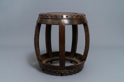 A Chinese carved hardwood stand with rootwood top, 19th C.