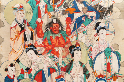 Chinese school, ink and colour on paper, Qing: 'Gods in heaven'