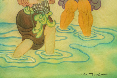 Mai Long (Vietnam, 1931): 'Moeder en kind' en 'Vissen in de rivier', inkt en aquarel op zijde