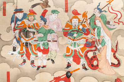 Ecole chinoise, encre et couleurs sur papier, Qing: 'Guerriers et saints en ciel'