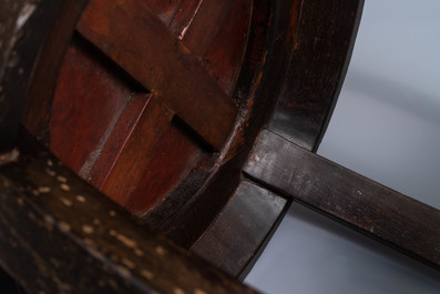 A Chinese carved hardwood stand with rootwood top, 19th C.